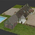 Cartoon Scene Of House With Sloped Roof Multiple Windows Swimming Pool And Green Lawn