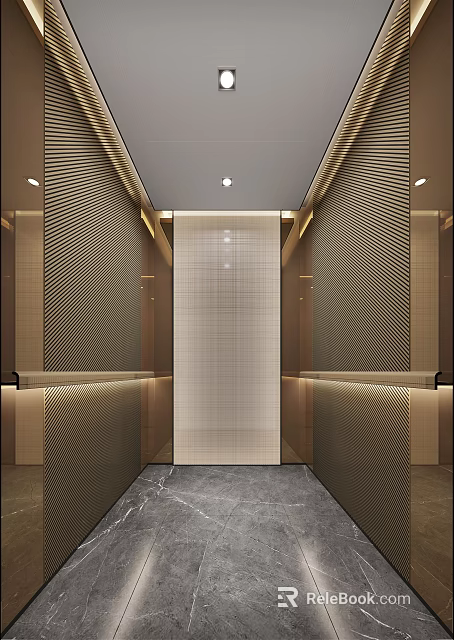 Modern Elevator Lobby Interior Design With Textured Walls And Warm Recessed Lighting 3d model 