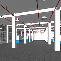 Spacious Industrial Interior With White Columns Red Pipes Blue Seats And Pendant Lights