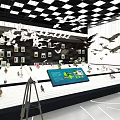 Contemporary Exhibition Hall Interior Featuring Grid Ceiling Hanging Bird Decor Blue Screen And Tree Elements