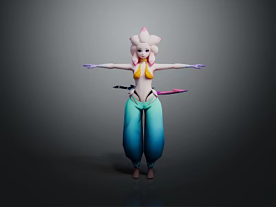 Game Movie Character With Pink Floral Hair Yellow Top And Blue Baggy Pants 3d model