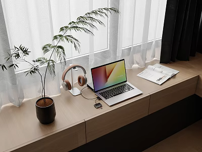 Modern Desk Setup by Window with Potted Plant Headphones Mobile Phone Laptop and Open Notebook 3d model