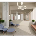 Modern Lounge Area Interior Design With Grey Sofa Wooden Display Cases Mannequins And Hanging Lights
