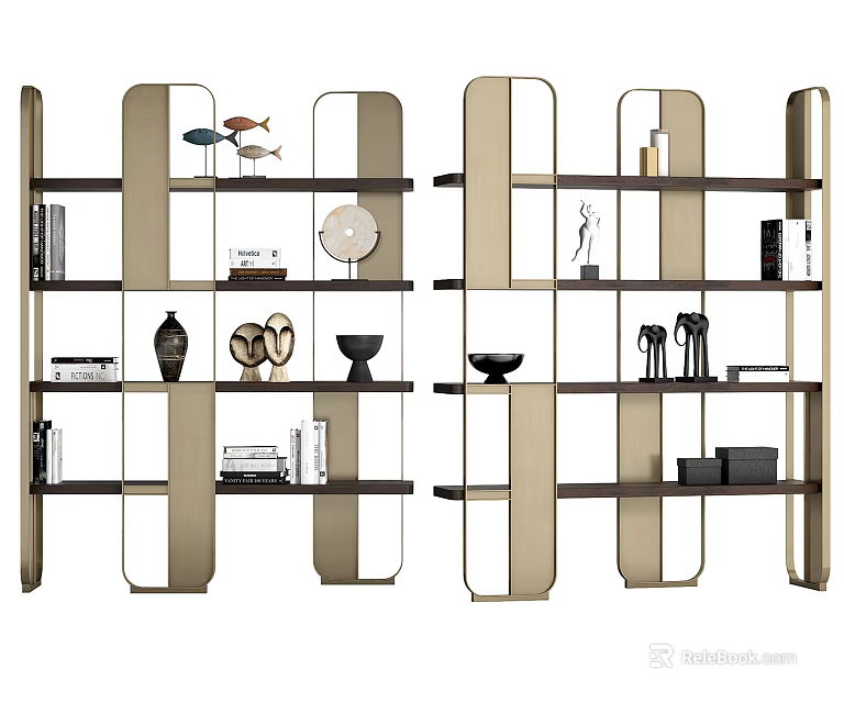 Modern Multi-Tiered Shelving Unit with Open Structure Golden Brown Holding Decorative Items Books and Vases 3d model 