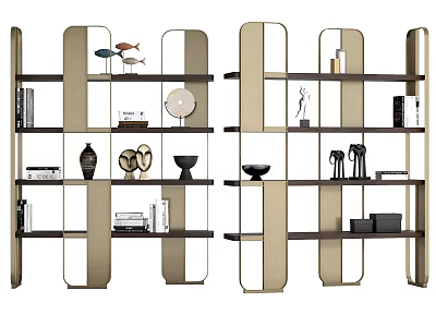 Modern Multi-Tiered Shelving Unit with Open Structure Golden Brown Holding Decorative Items Books and Vases 3d model