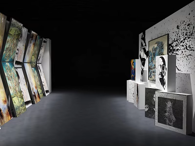 Art Exhibition Background Wall with Colorful Abstract Paintings and White Display Stands 3d model