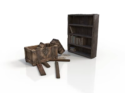 Vintage Wooden Storage Chest And Rustic Bookshelf With Carved Details 3d model