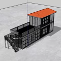 Two Story Container Building With Red Roof Balcony Railing Staircase And Large Windows