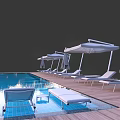 Luxury Swimming Pool Area With Lounge Chairs Sun Umbrellas Greenery Wooden Deck And Blue Lighting