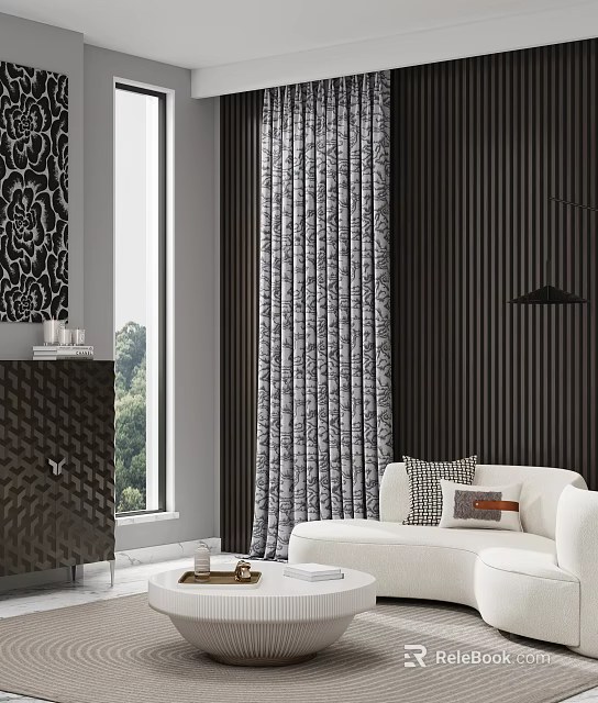 Elegant Modern Living Room Interior Featuring Unique Shaped Sofa With Patterned Curtains And Wall Panels 3d model 