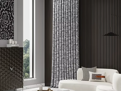 Elegant Modern Living Room Interior Featuring Unique Shaped Sofa With Patterned Curtains And Wall Panels 3d model