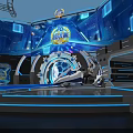 Futuristic Tech Stage Design With Blue Lighting Circular Structure Central Figure And Large Screens