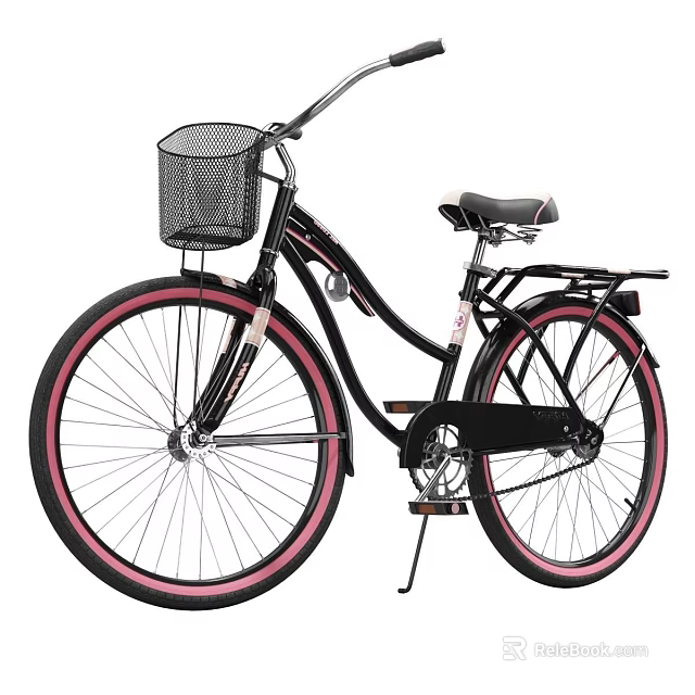 Stylish Black and Pink Bicycle with Front Wire Basket and Rear Rack 3d model 