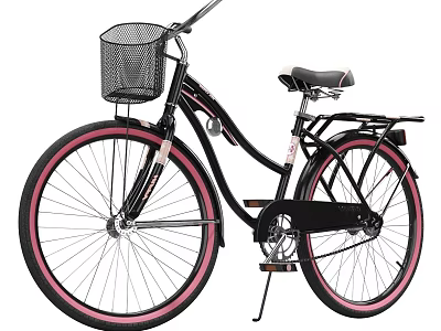 Stylish Black and Pink Bicycle with Front Wire Basket and Rear Rack 3d model