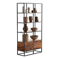 Modern Minimalist Multi-tiered Storage Shelving Unit With Metal Frame Wooden Drawers And Decorative Vases Bowls