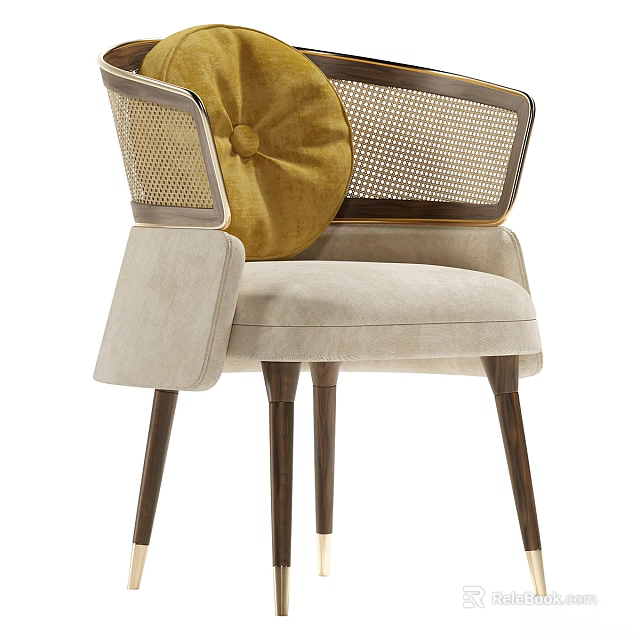 Elegant Single Sofa With Beige Cushion Yellow Pillow Wicker Backrest Wooden Legs 3d model 