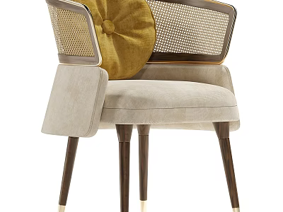 Elegant Single Sofa With Beige Cushion Yellow Pillow Wicker Backrest Wooden Legs 3d model