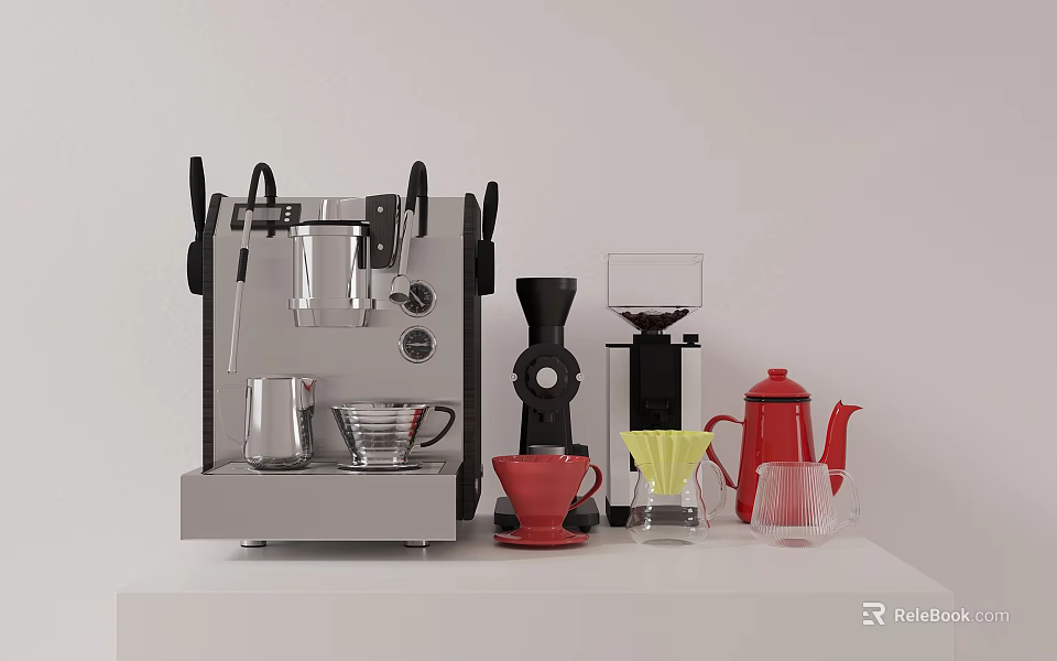 Modern Kitchen Appliances With Coffee Machine Grinder And Red Kettle On Countertop 3d model 