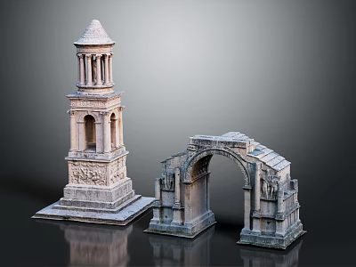 Ancient Stone Architectural Models Tower With Columns And Arch With Carved Decorations 3d model