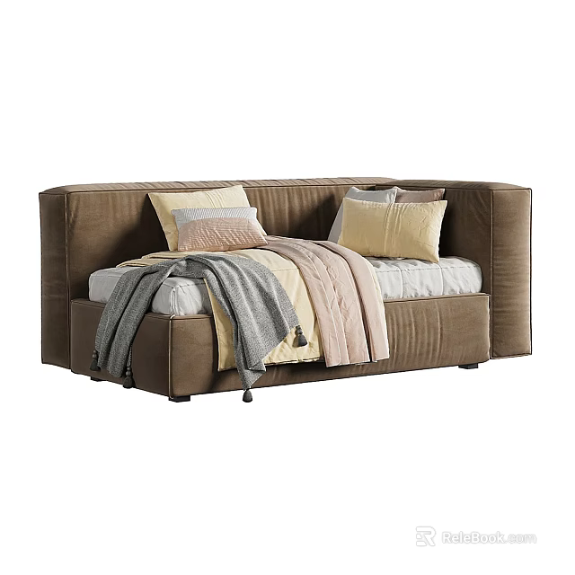 Modern Brown Sofa Bed Design With Decorative Pillows And Soft Blanket 3d model