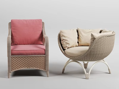 Modern Rattan Single Sofa Designs With Pink Beige Cushions And White Frame 3d model