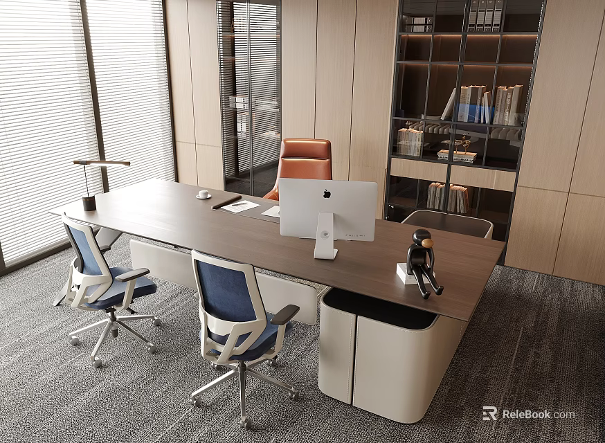 Modern Office Desk With iMac Computer Desk Lamp Ergonomic Chairs And Bookshelf 3d model 