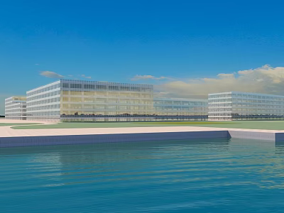 Modern Office Building With Glass Facade And Waterfront View Under Blue Sky 3d model