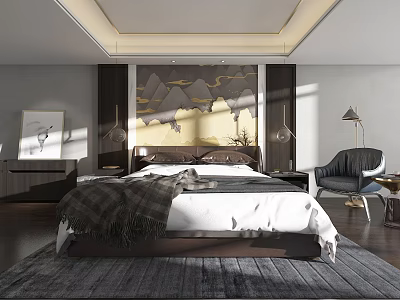 Elegant Modern Bedroom With Double Bed Landscape Wall Art Nightstands And Armchair 3d model