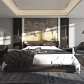 Elegant Modern Bedroom With Double Bed Landscape Wall Art Nightstands And Armchair