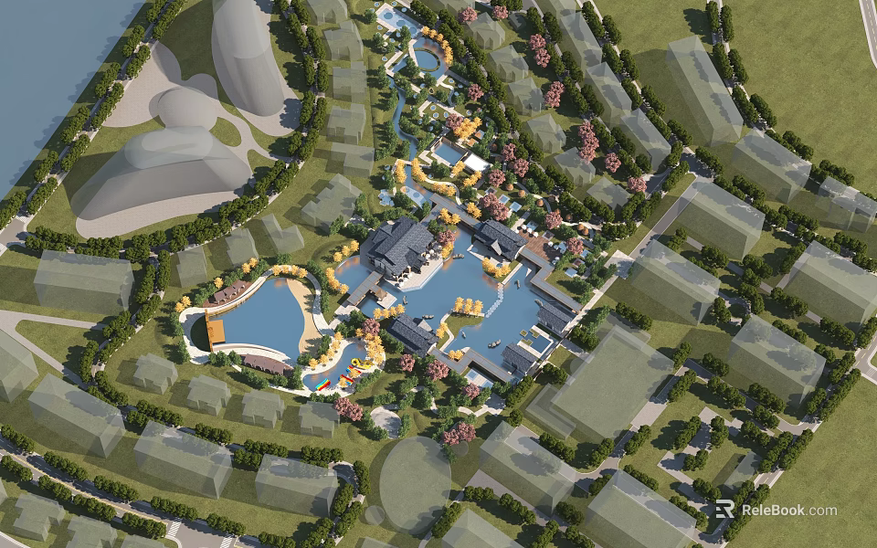 Scenic Park Landscape With Lakes Walkways Pavilions And Lush Greenery 3d model 