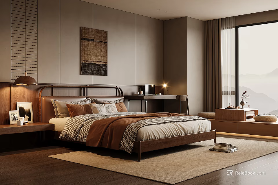 Modern Bedroom Interior With Comfortable Bed Bedside Lamp Artwork Desk Chair Rug And Large Window 3d model 