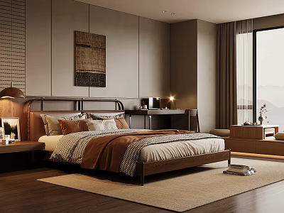 Modern Bedroom Interior With Comfortable Bed Bedside Lamp Artwork Desk Chair Rug And Large Window 3d model