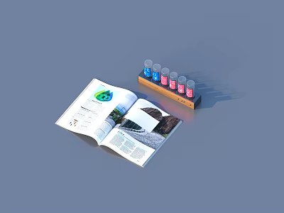 Open Magazine With Colorful Small Bottles On Wooden Rack For Home Use 3d model