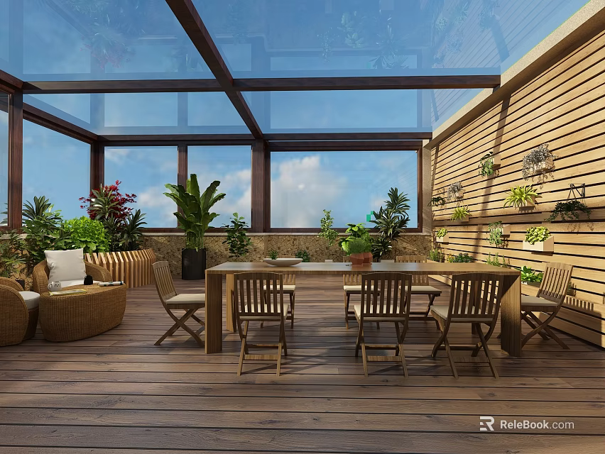 Modern Villa Balcony Interior With Glass Roof Wooden Flooring And Rattan Furniture 3d model 