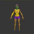 Woman in Yellow Tank Top With LSI Print Purple Shorts Yellow Arm Sleeves and Sneakers