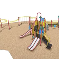 Colorful Playground Equipment With Slides Steps Yellow Railings And Tree Decorations
