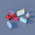 Everyday Living Supplies With Red Blue Batteries Yellow Calendar White Alarm Clock And Blue Erasers