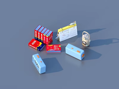 Everyday Living Supplies With Red Blue Batteries Yellow Calendar White Alarm Clock And Blue Erasers 3d model