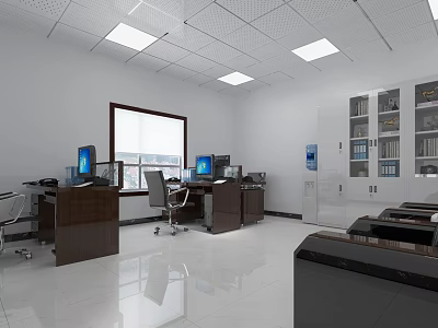 Modern Public Office Space With Desks Computers Chairs And Storage Cabinets Bright Lighting Window View 3d model