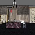 Modern Chinese Restaurant Interior With Wooden Screens Hanging Lanterns Sofa Seats And Potted Plants