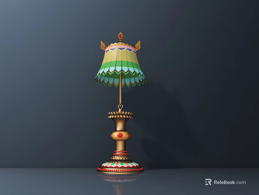 Traditional Style Table Lamp With Green Scalloped Shade And Golden Ornate Stand 3d model 