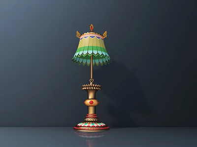 Traditional Style Table Lamp With Green Scalloped Shade And Golden Ornate Stand 3d model