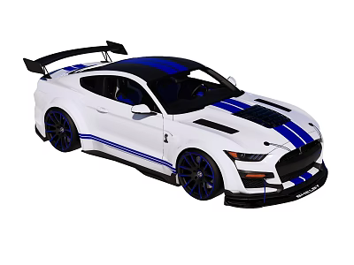 White Sports Car With Blue Stripes Black Roof Rear Spoiler And Black Wheels 3d model