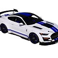White Sports Car With Blue Stripes Black Roof Rear Spoiler And Black Wheels