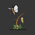 Cartoon Bee 3D Model Standing On Wooden Stump With Green Grass And Small Yellow Figure