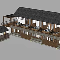 Rural Self-built House with Gray Tiled Roof Wooden Balcony Railings and Stone White Walls