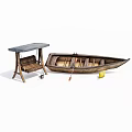 Wooden Boat with Oars and Yellow Buoy Nearby Wooden Table with Stone Top