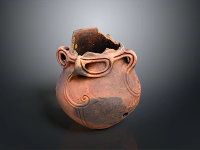 Ancient Clay Sculpture Carving With Broken Top Ear Shaped Handles And Intricate Patterns 3d model