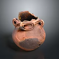 Ancient Clay Sculpture Carving With Broken Top Ear Shaped Handles And Intricate Patterns