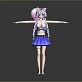 3D Anime Girl Character With Cat Ears Pink Blue Twin Braids White Top Blue Skirt